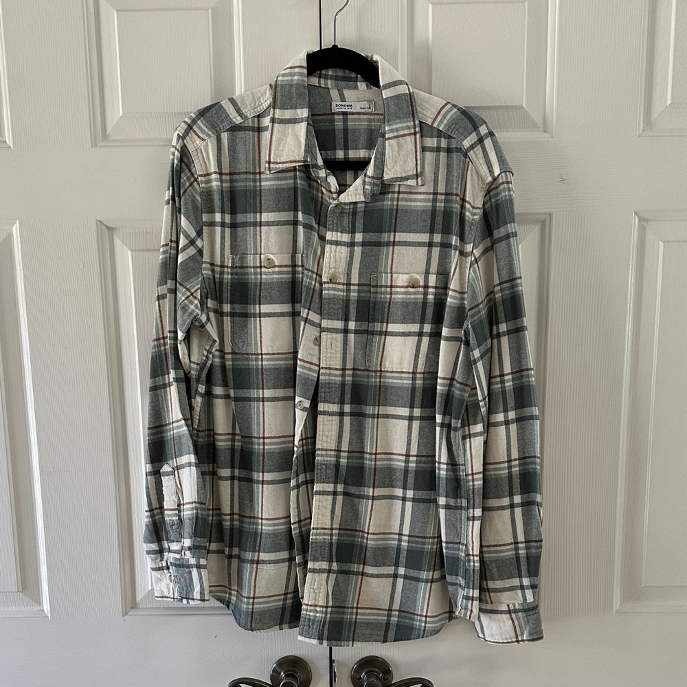 Sonoma Women's Plaid Button Down Shirt - Green, White, and Brown
